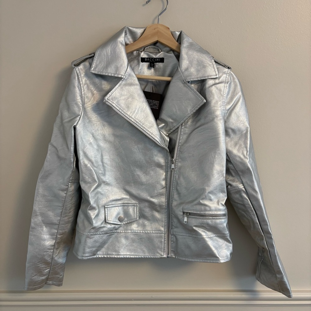 Baccini Women's Metallic Silver Leather Jacket